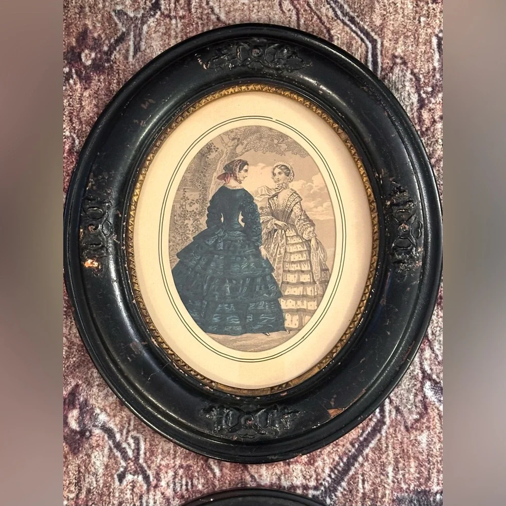 Antique Black Oval Carved Wood Frames with Vintage Victorian Lady Prints